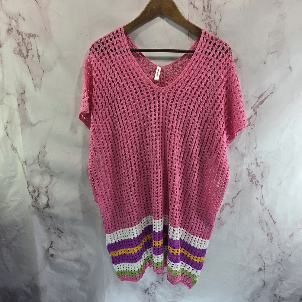 Dokotoo Swim Cover Up Small Pink Crochet Granny Square Knit Sweater Dress Tunic